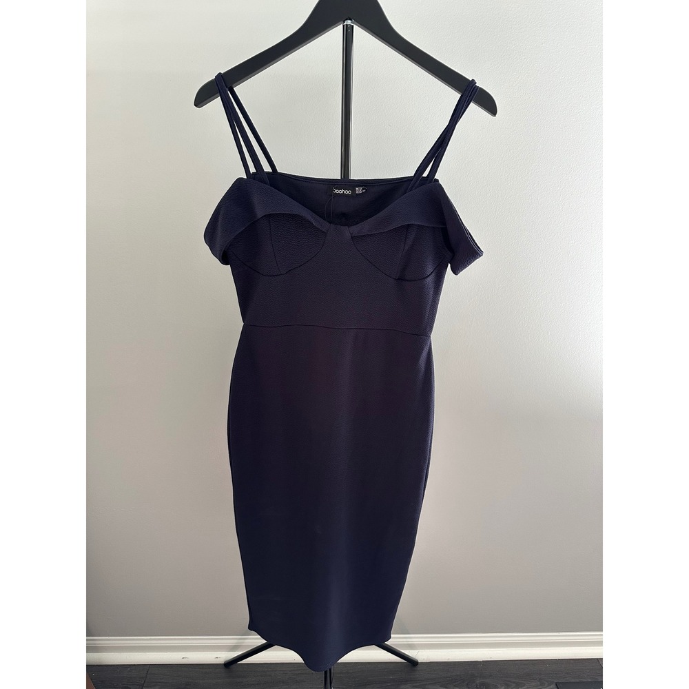 Boohoo Navy Blue Cold Shoulder Bodycon Midi Dress Double Strap Size 8